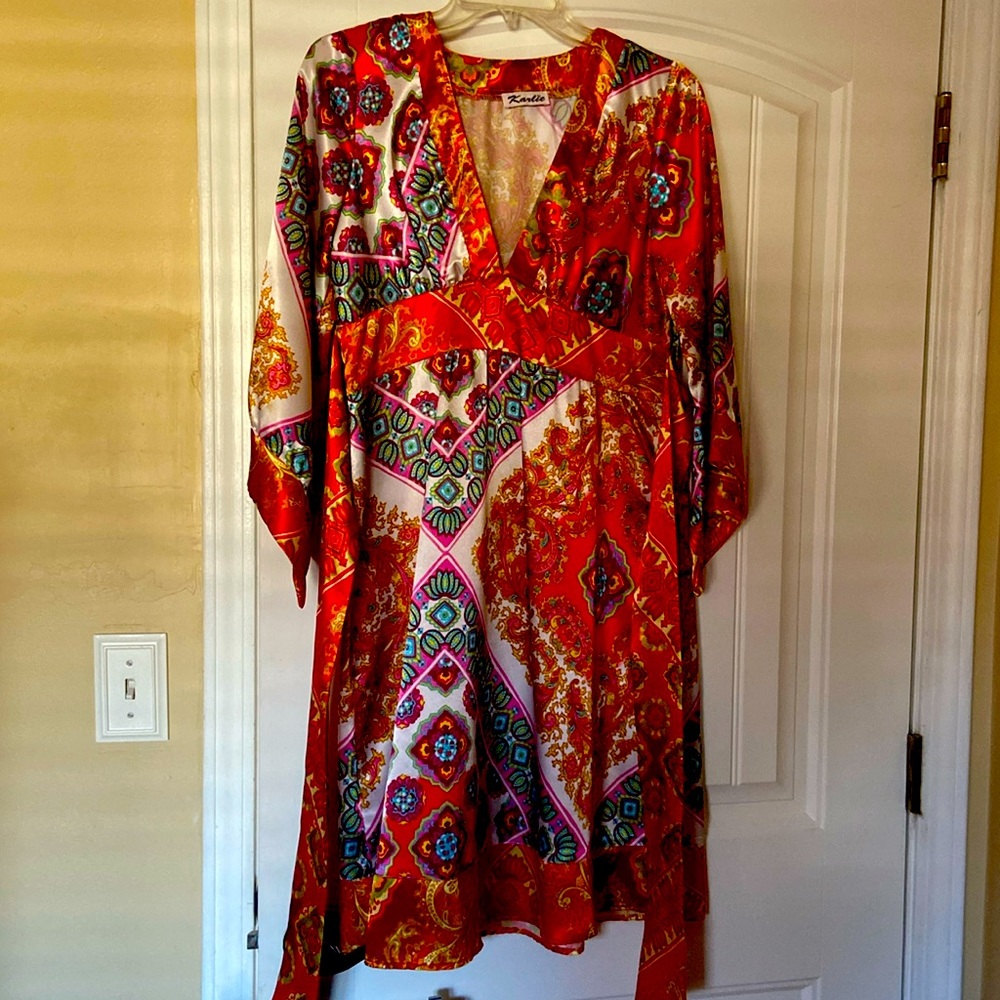 Bright colorful silky v-neck dress size medium Karlie brand